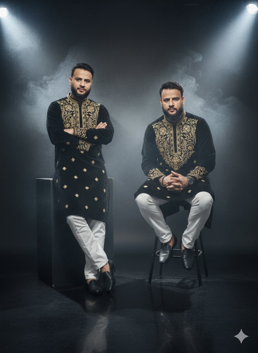 Black velvet kurta with heavy golden embellished yoke design for men