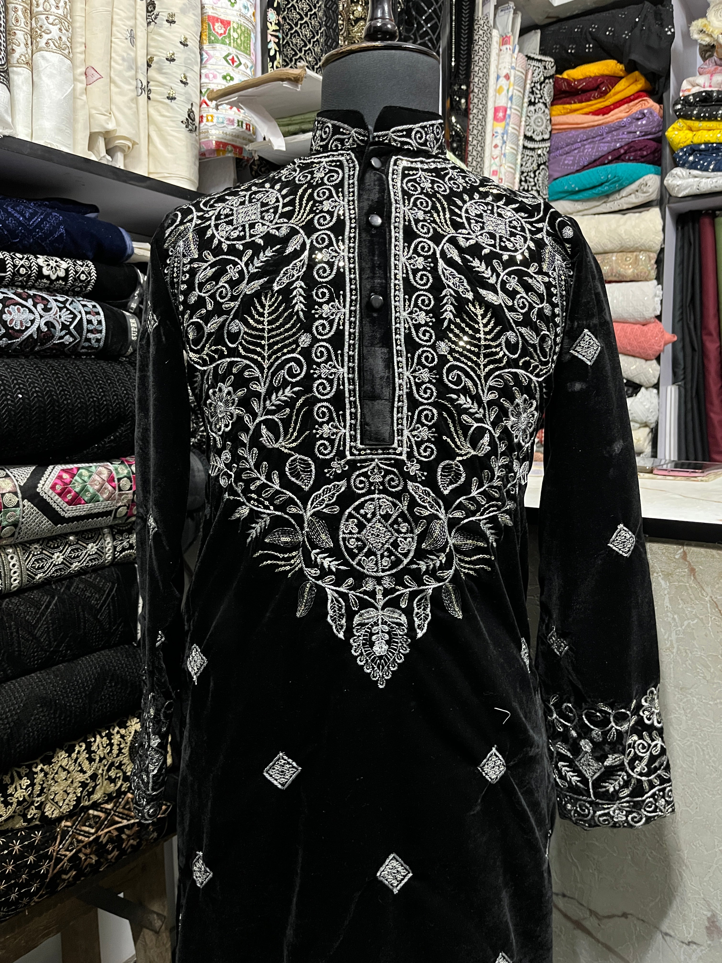 Men's Black Silver Thread Embroidery Velvet kurta set