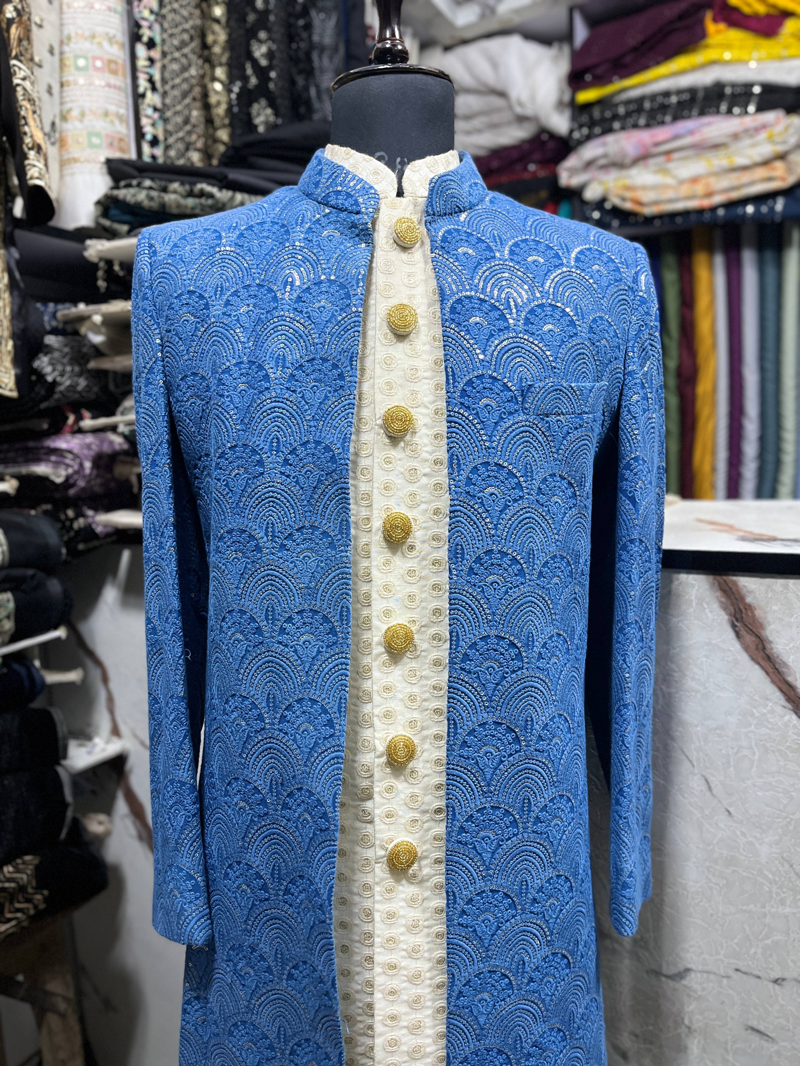 Men's Blue Lakhnavi Style Open Indo-western Set