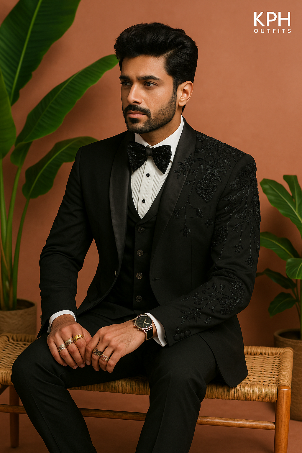 Men's Black Shawl Lapel Tuxedo with Handcrafted Embellishments By KPH Outfits