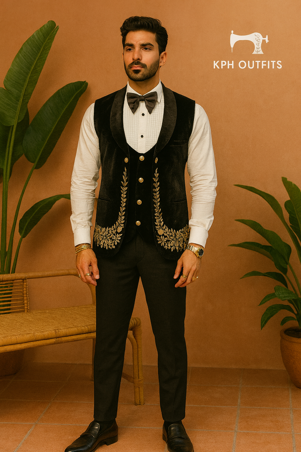 Title: Exquisite Men's Black Tuxedo Suit with Handcrafted Zardozi Work - KPH Outfits