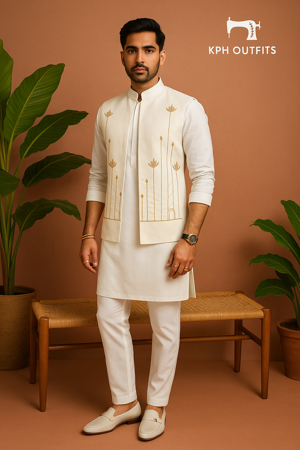 Men's Exclusive Ivory Handcrafted Open Waistcoat – Luxury Formal Wear by KPH Outfits