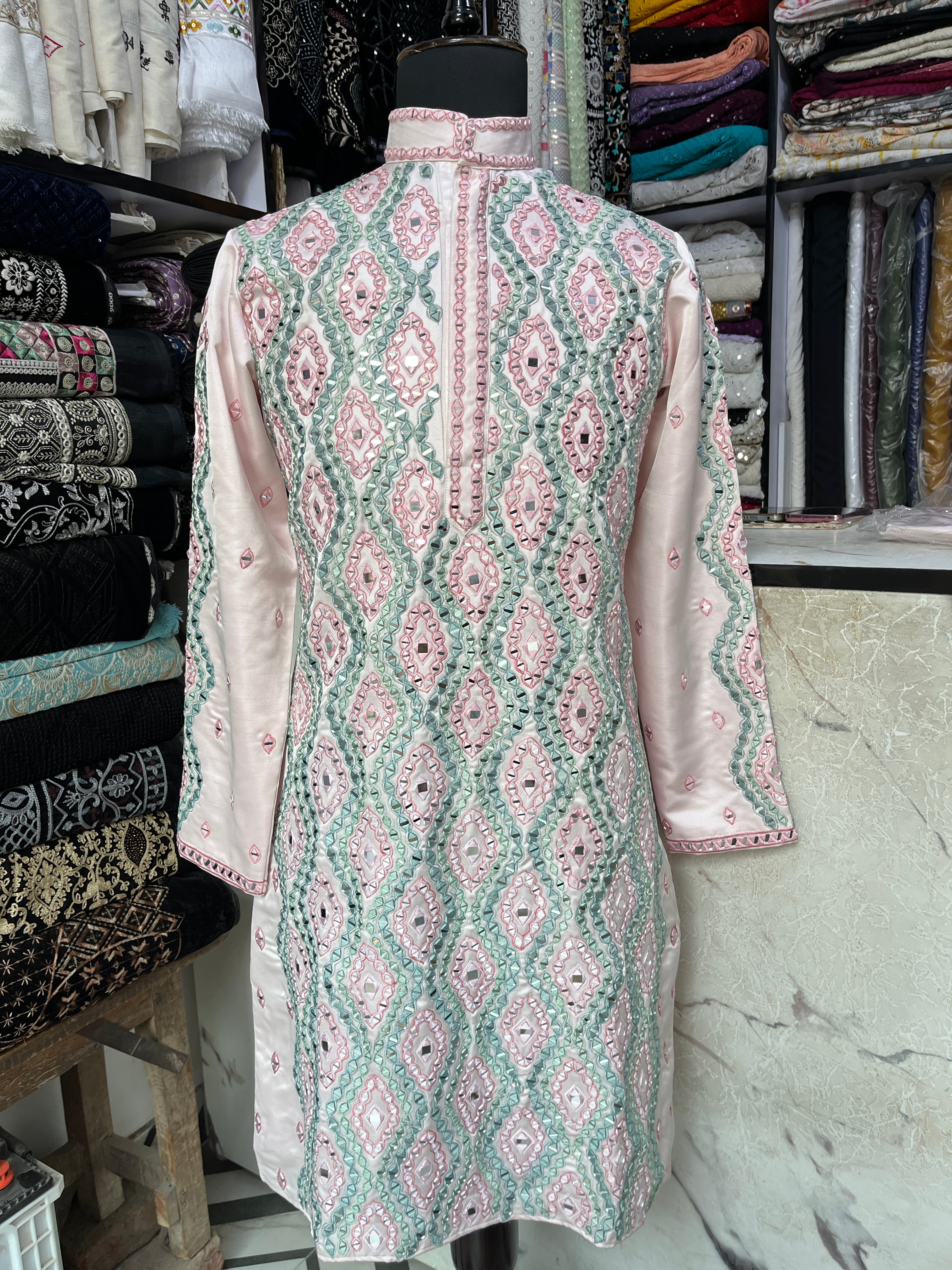 Men's Pink Real Mirror Crafted Kurta Set