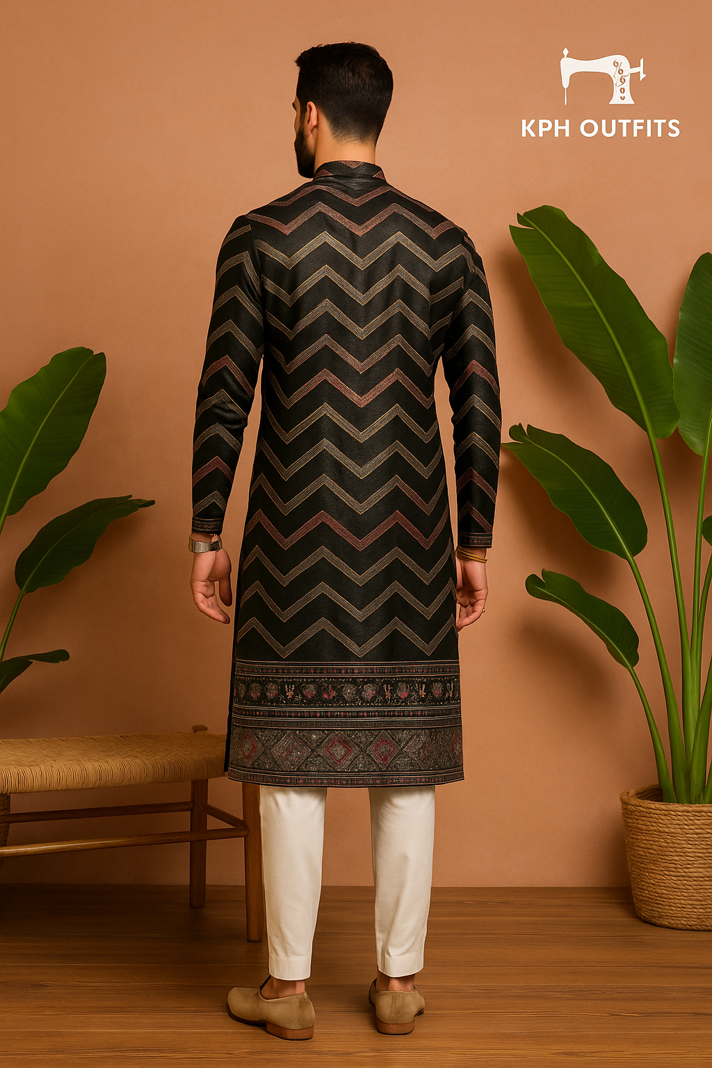 Men's Black Zigzag Pattern Style Kurta Set - KPH Outfits
