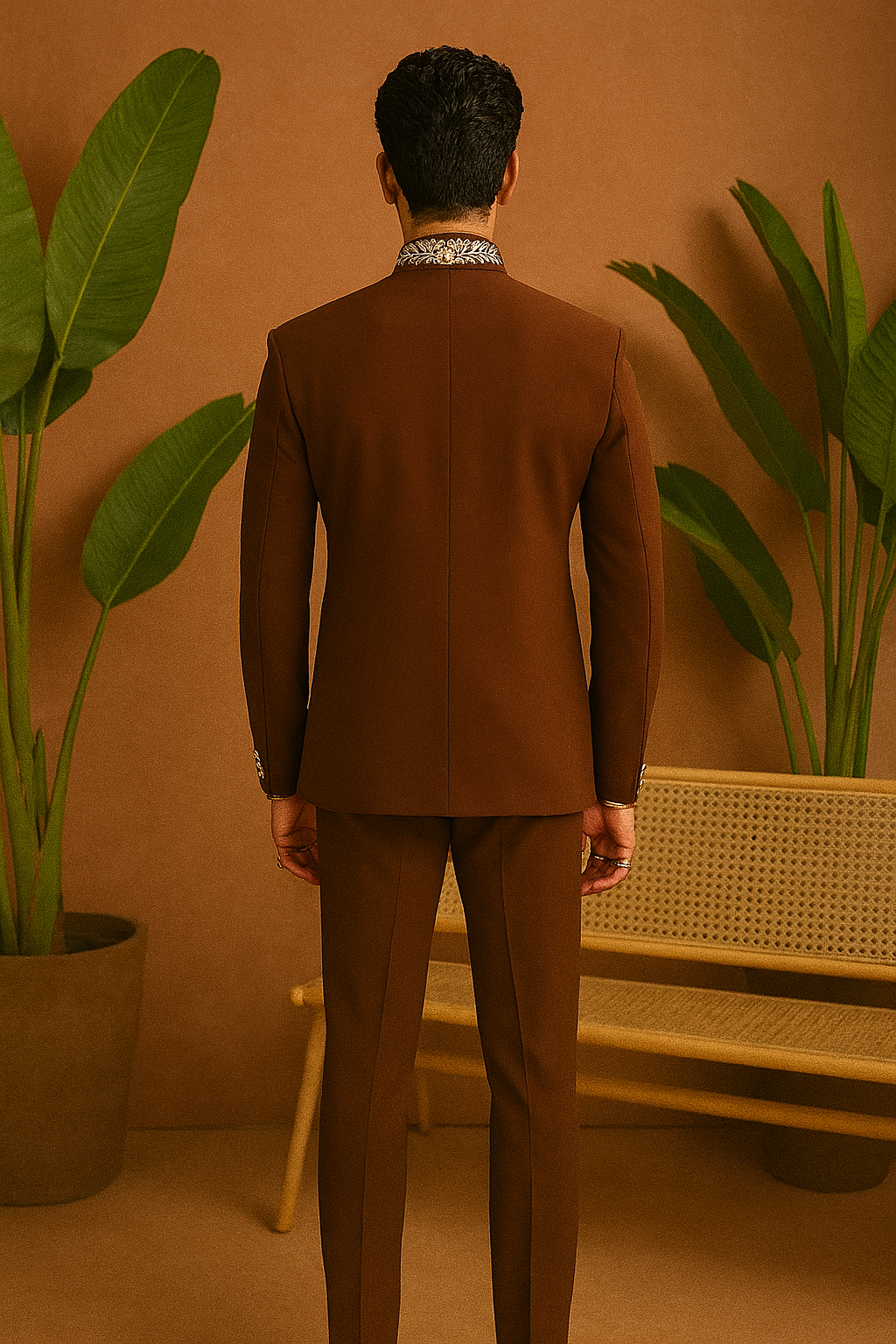 A photograph of a man in a stylish bandhgala suit, highlighting the quality of the fabric and the unique design.

