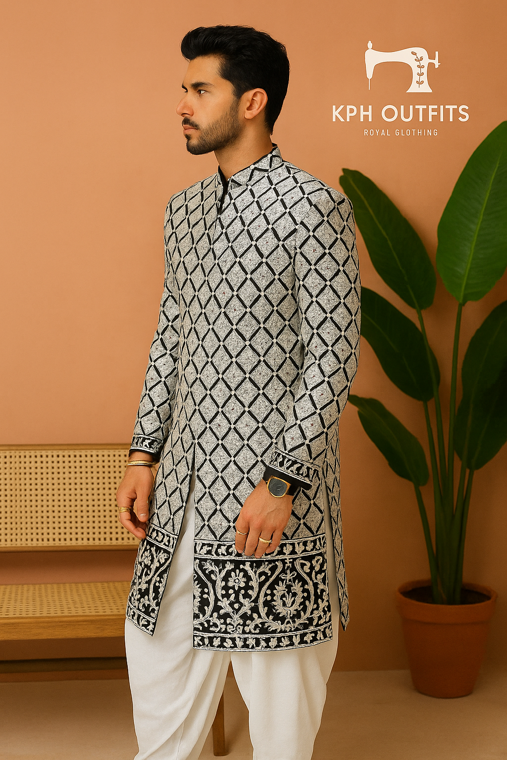 SRK Inspired Black Velvet Designer Sherwani Set – Luxurious Patiala Style Ensemble – KPH Outfits