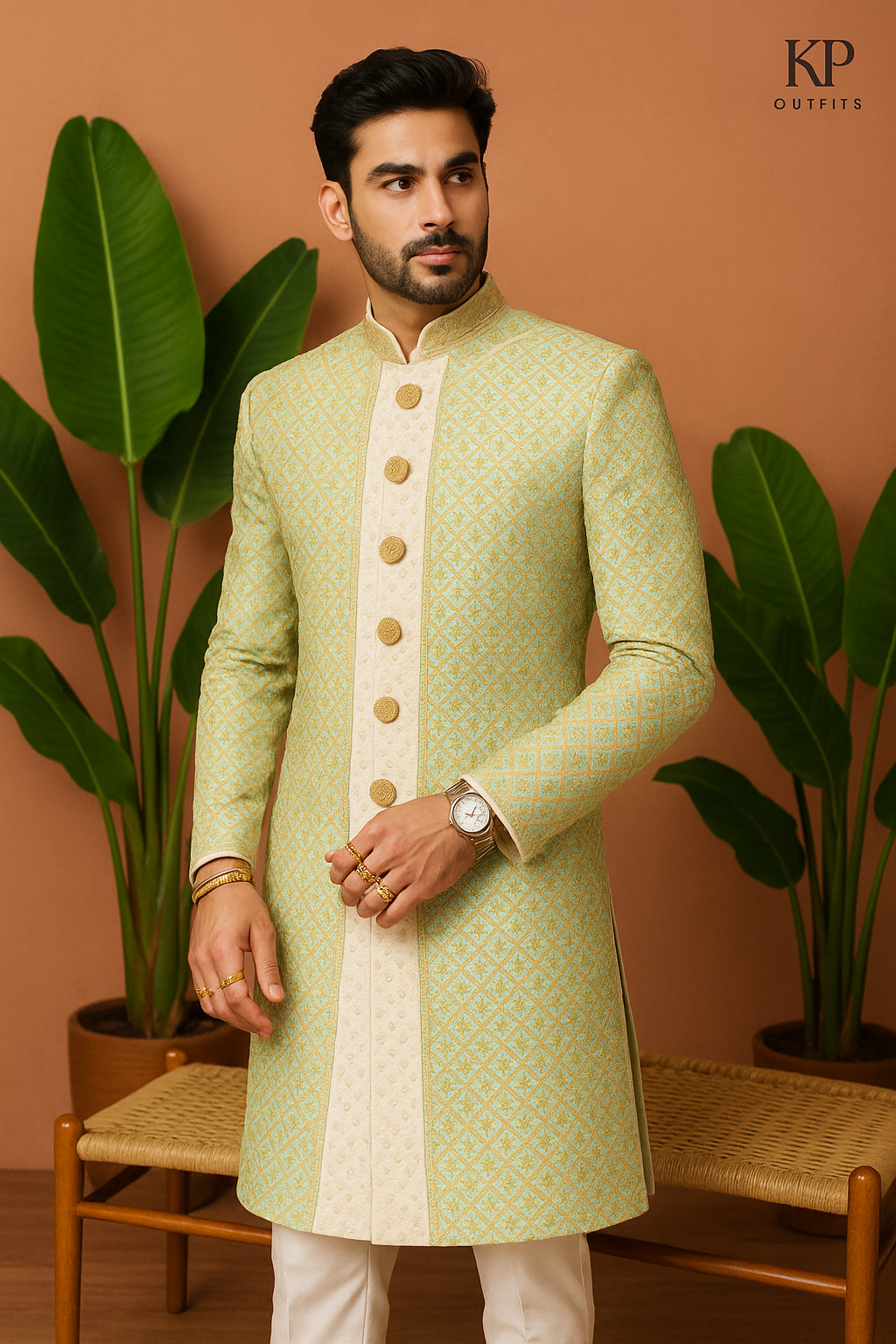 Exquisite Pista Handcrafted Golden Work Sherwani Set for Grooms - KPH Outfits