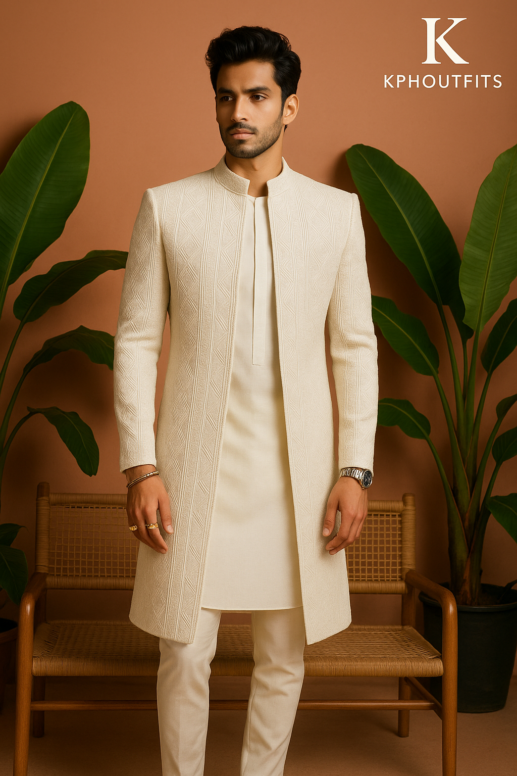 Men's Exclusive Ivory Luxury Dyeable Open Indo-Western Set - Customized Elegance by KPH Outfits