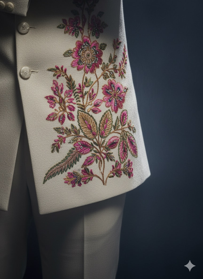 Stylish Bandhgala jacket with sharp modern tailoring and contrasting pocket square