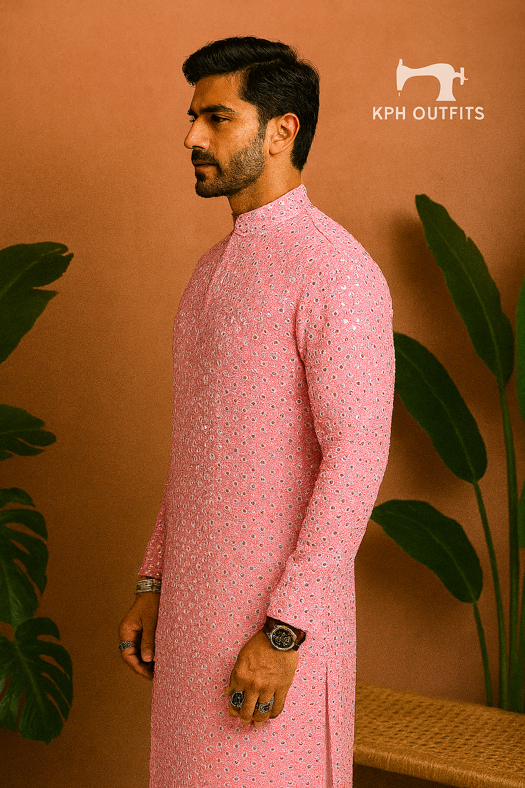 A full-length shot of the kurta set with the pants, highlighting the complete look.

