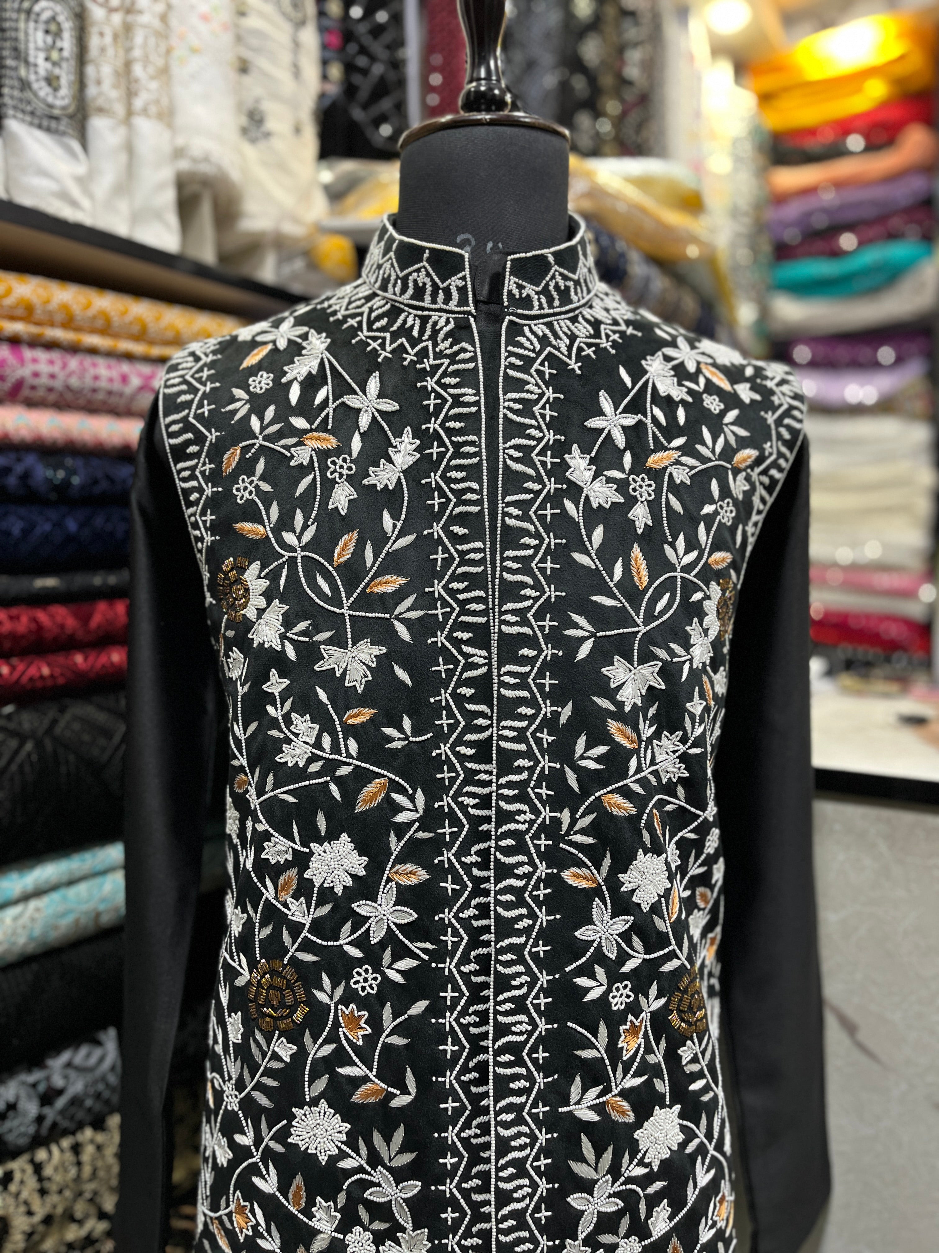 Men's Black Handcrafted Mix Work Nehru Jacket Set