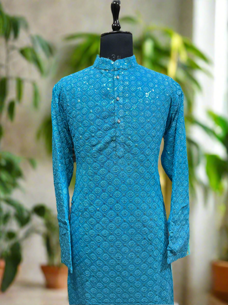 Elegant sky blue kurta set for weddings and festivals.