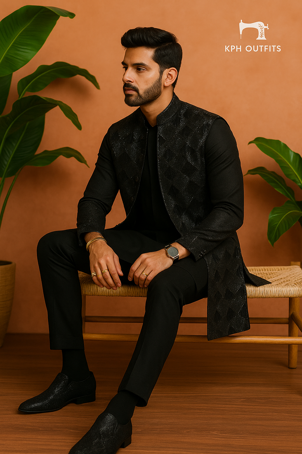 Men's Black Velvet Indo-Western Set with Gold Embroidery – Regal Groom Attire