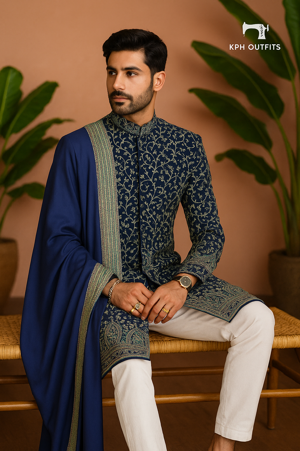 Men's Navy Blue Kalamkari Embroidery Sherwani Set – Premium 3-Piece Designer Outfit – KPH Outfits
