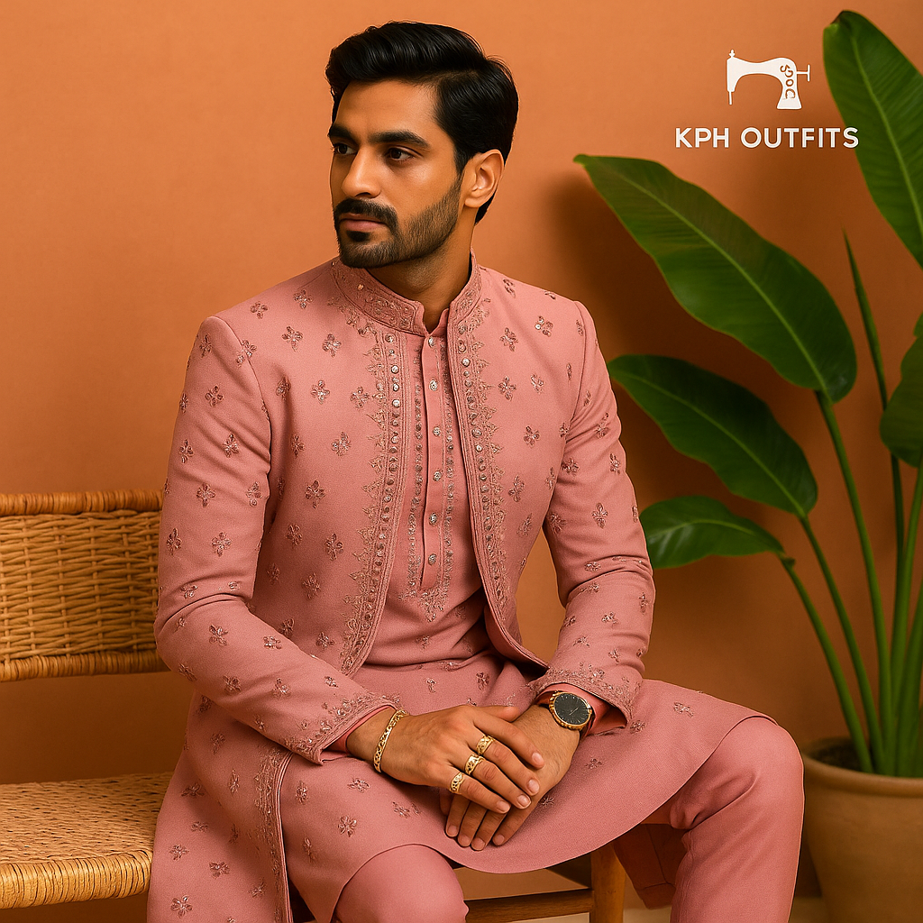 Men's Exclusive Pink Real Mirror Stylish Indo-western Set - KPH Outfits