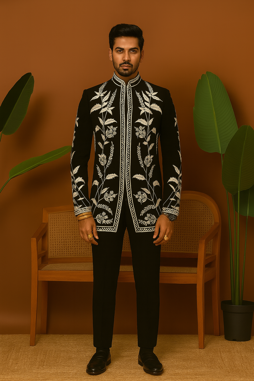 A front view of a man in a black bandhgala suit with intricate white thread work on the jacket, paired with black pants.

