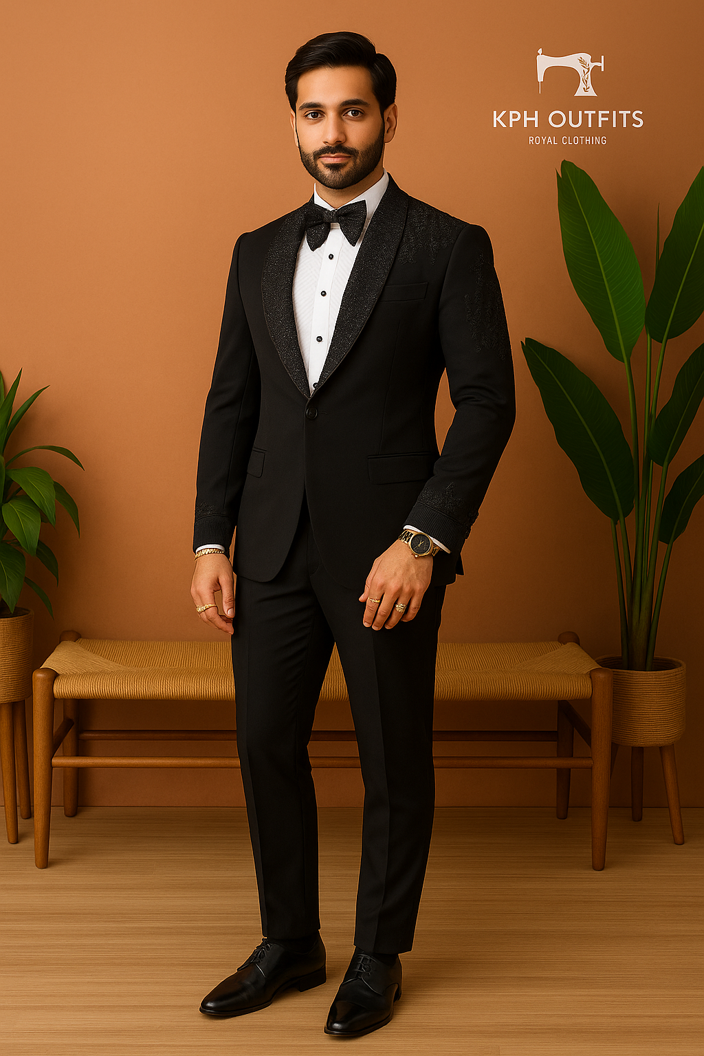 Men's Black Handcrafted Tuxedo Suit with Cut Work Detailing By KPH Outfits