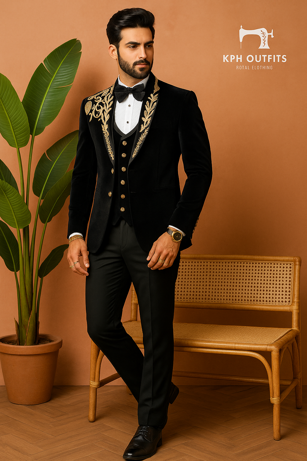 Men's Black Handcrafted Zardozi Work Shawl Lapel Tuxedo Suit by KPH Outfits