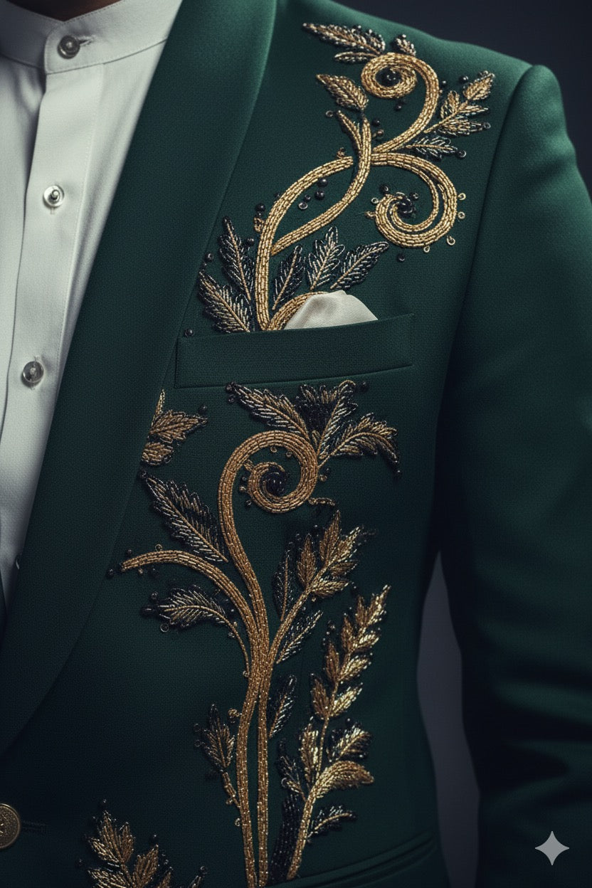 Tuxedo suit close full picture of Embroidery work details- kph Outfits