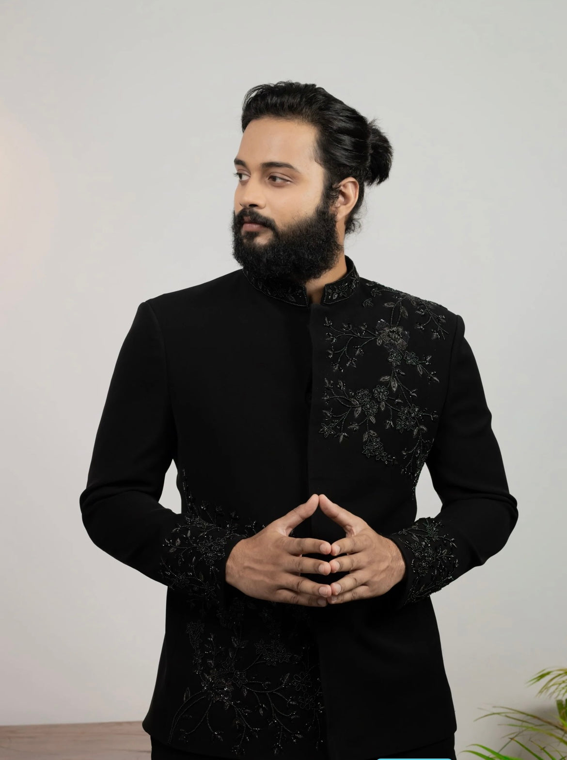 Men's Black Handcrafted Cut dana Work Bandhgala Suit