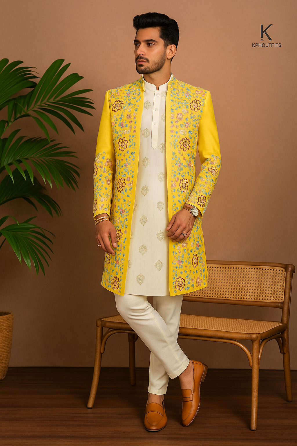 Mustard Silk Haldi Special Handcrafted Indo-Western Set for Men – Exclusive Wedding Wear by KPH Outfits