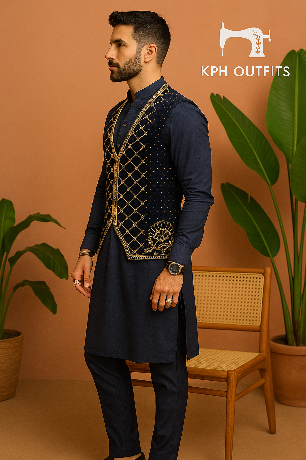 Men's Navy Blue Karan Aujla Handcrafted Zardozi Nehru Jacket Set with Center Zip – Premium Cotton Silk Fabric – KPH Outfits