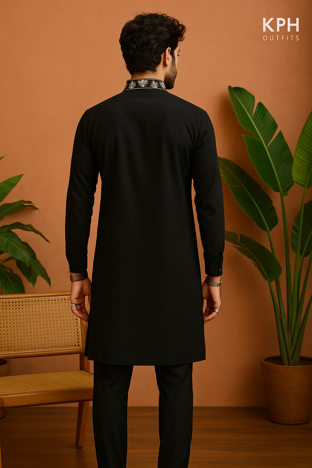 Men's Black Sherwani-Style Kurta with Zardozi Embroidery in Japanese Fabric – KPH Outfits