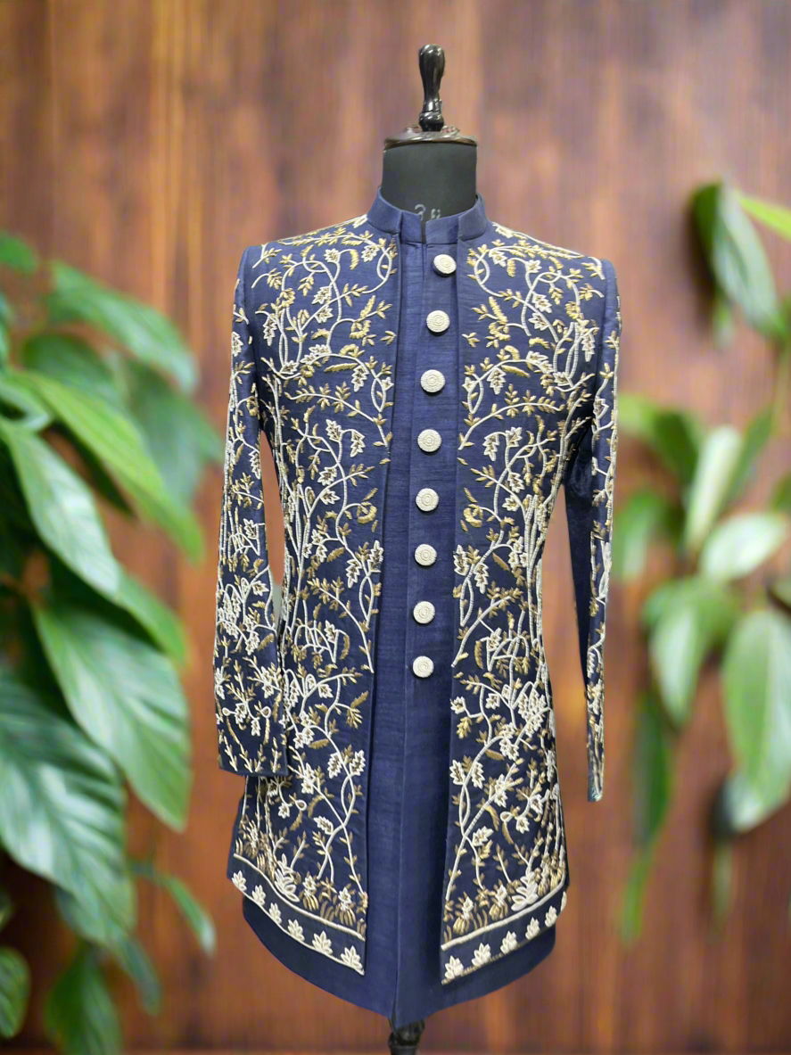 Men's Navy Blue Handcrafted Sangeet Special Indo-Western Set - KPH Outfits