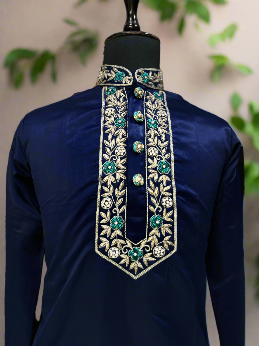 Luxurious satin kurta set for traditional celebrations.