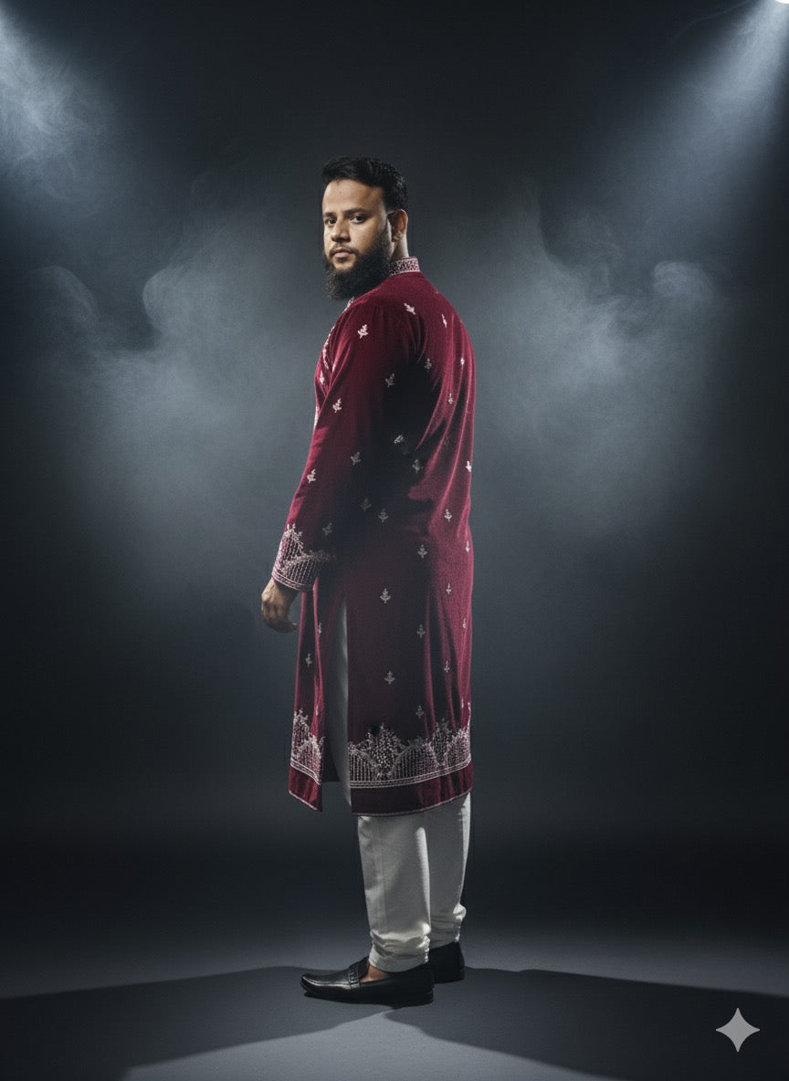 Maroon Velvet Kurta with Detailed White Embroidery - Kph Outfits