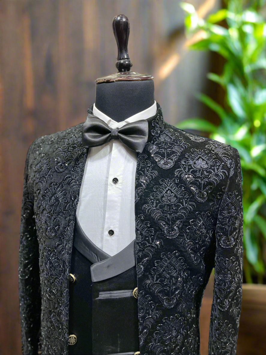 "Men’s black handcrafted western-style long jacket tuxedo suit by KPH Outfits"
