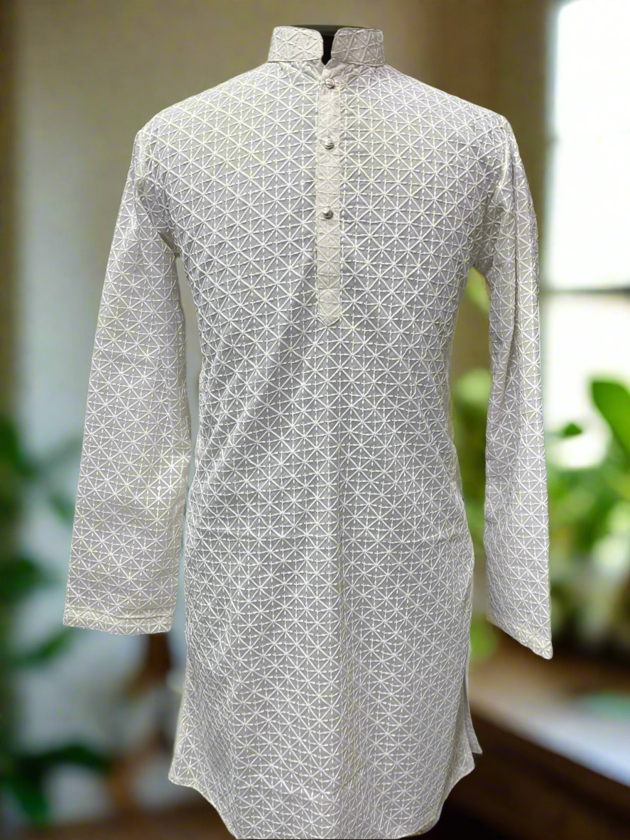 Traditional white Chicken Kari kurta for men.