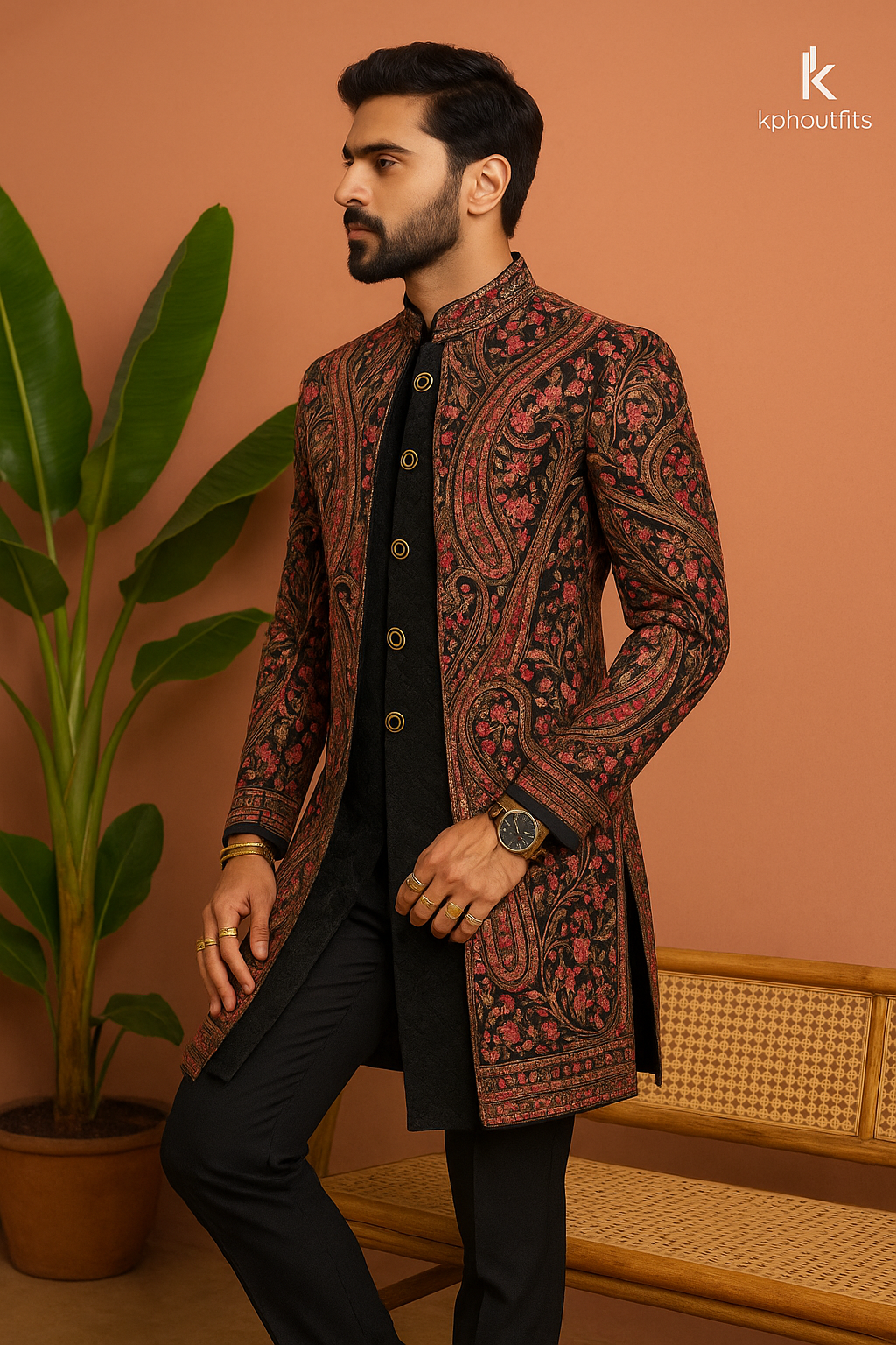 Men's Exclusive Black Kalamkari Embroidered Indo-Western Set- KPH Outfits