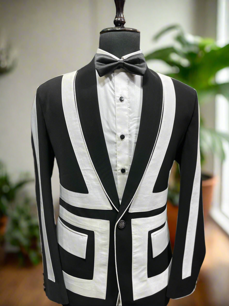 Black tuxedo suit with contemporary white stripe accents