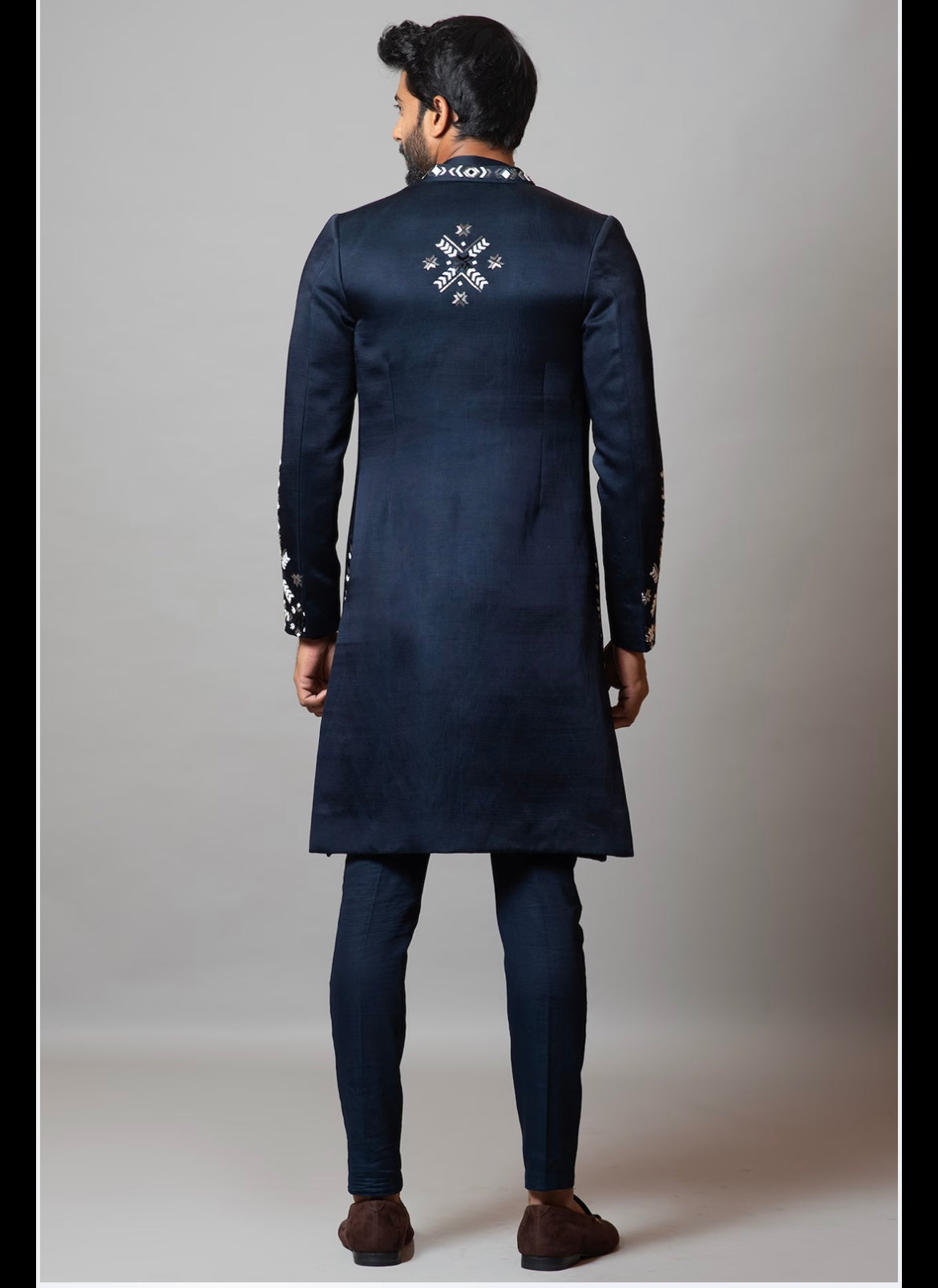 Men's Navy Blue Machine Crafted Embellished Indo-western Set