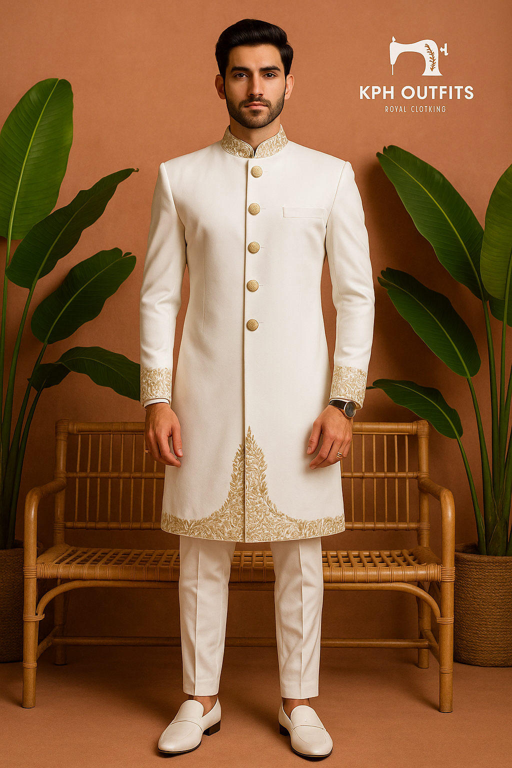 Men's Ivory Handcrafted Zardozi Work Groom Sherwani Set – 3-Piece Designer Outfit – KPH Outfits