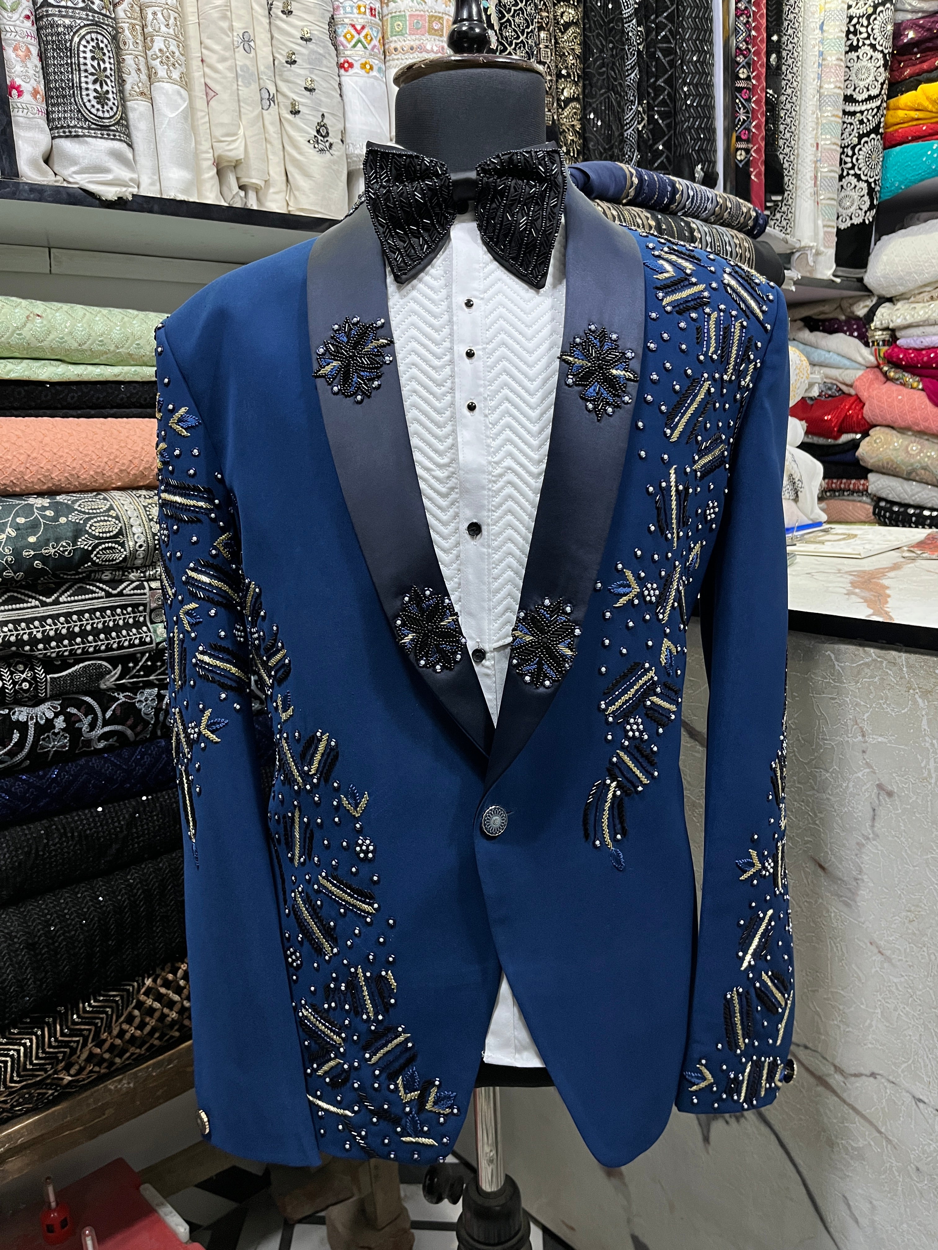 Men's Royal Blue Handcrafted Cut Work Tuxedo Suit