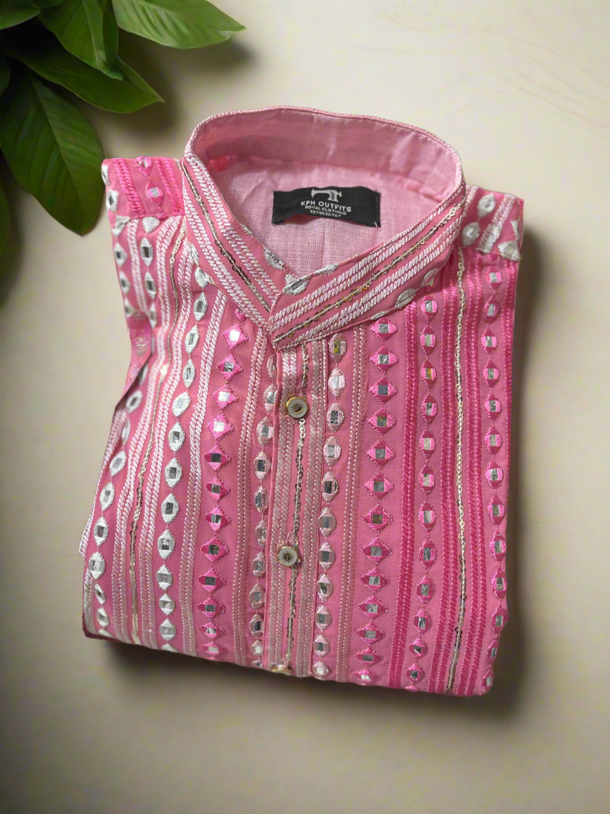 Traditional Men's Pink Mirror Work Kurta with Matching Pants