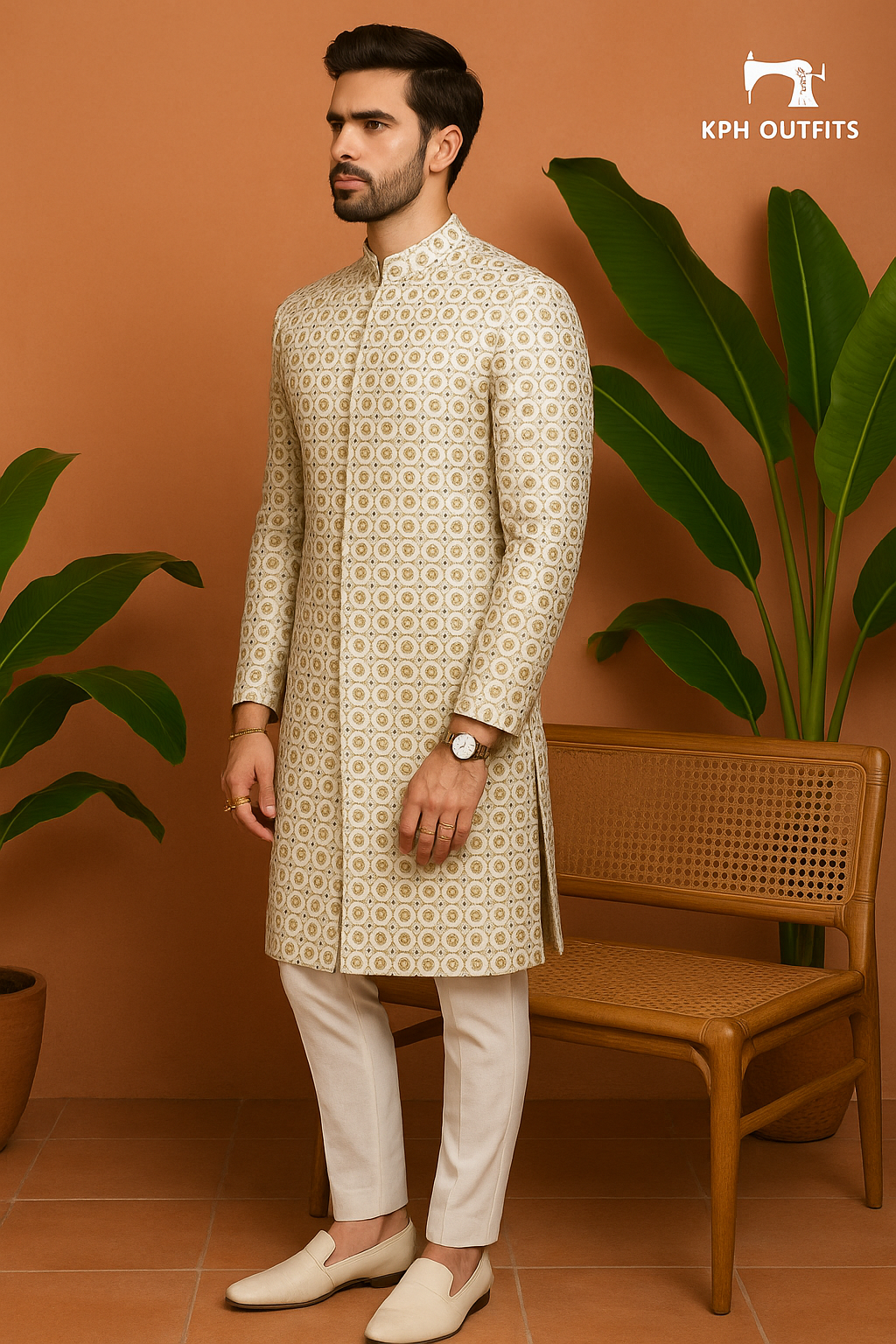 Men's Golden Exclusive Designer Mirror Sherwani Set – Premium Georgette Wedding Wear By KPH Outfits