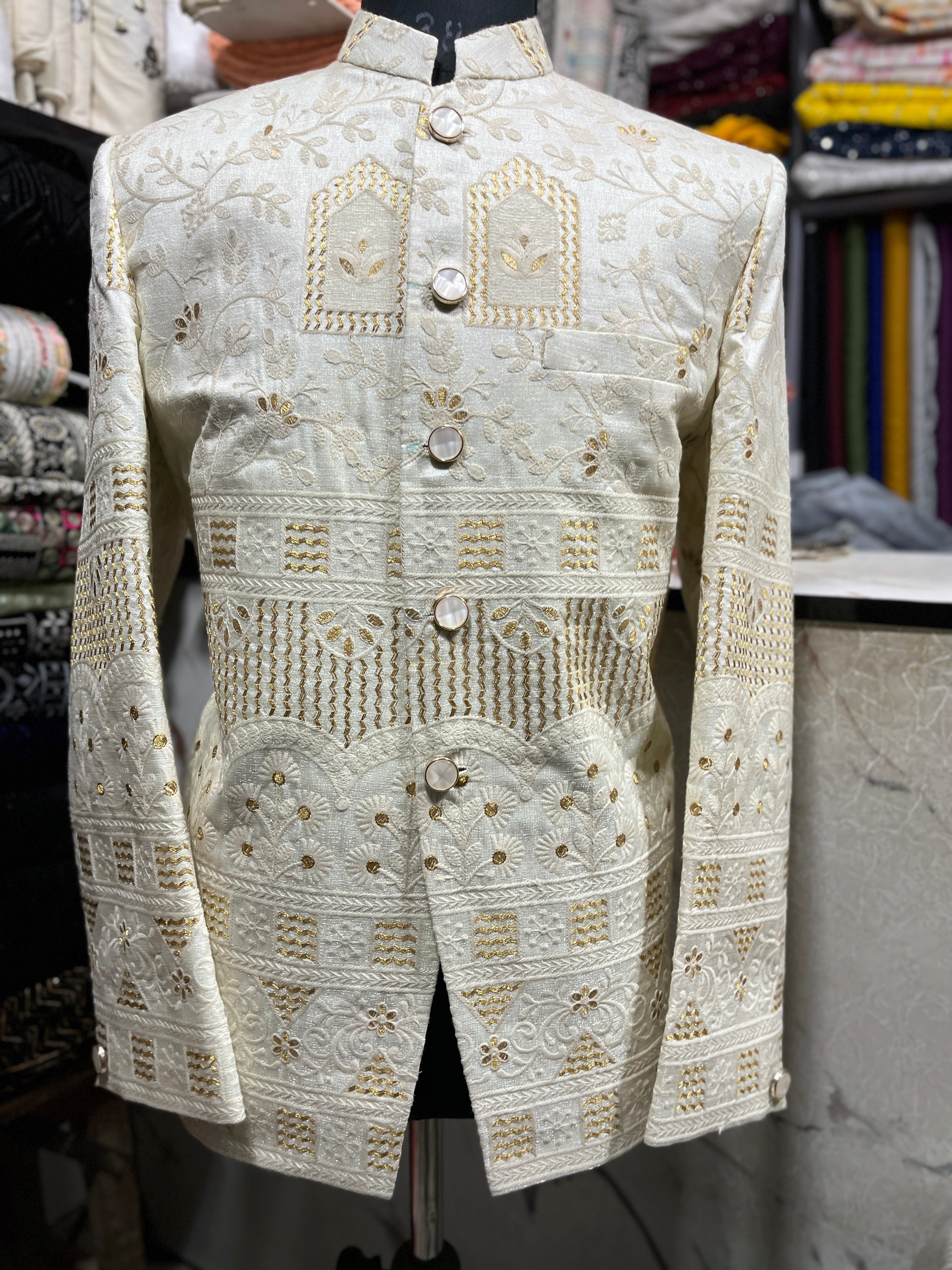 Men's Off White Self Embroidery Silk Jodhpuri Set