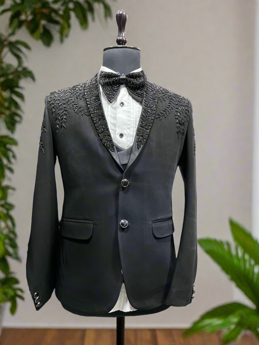 Handcrafted black shawl lapel tuxedo suit for men with cut dana work"