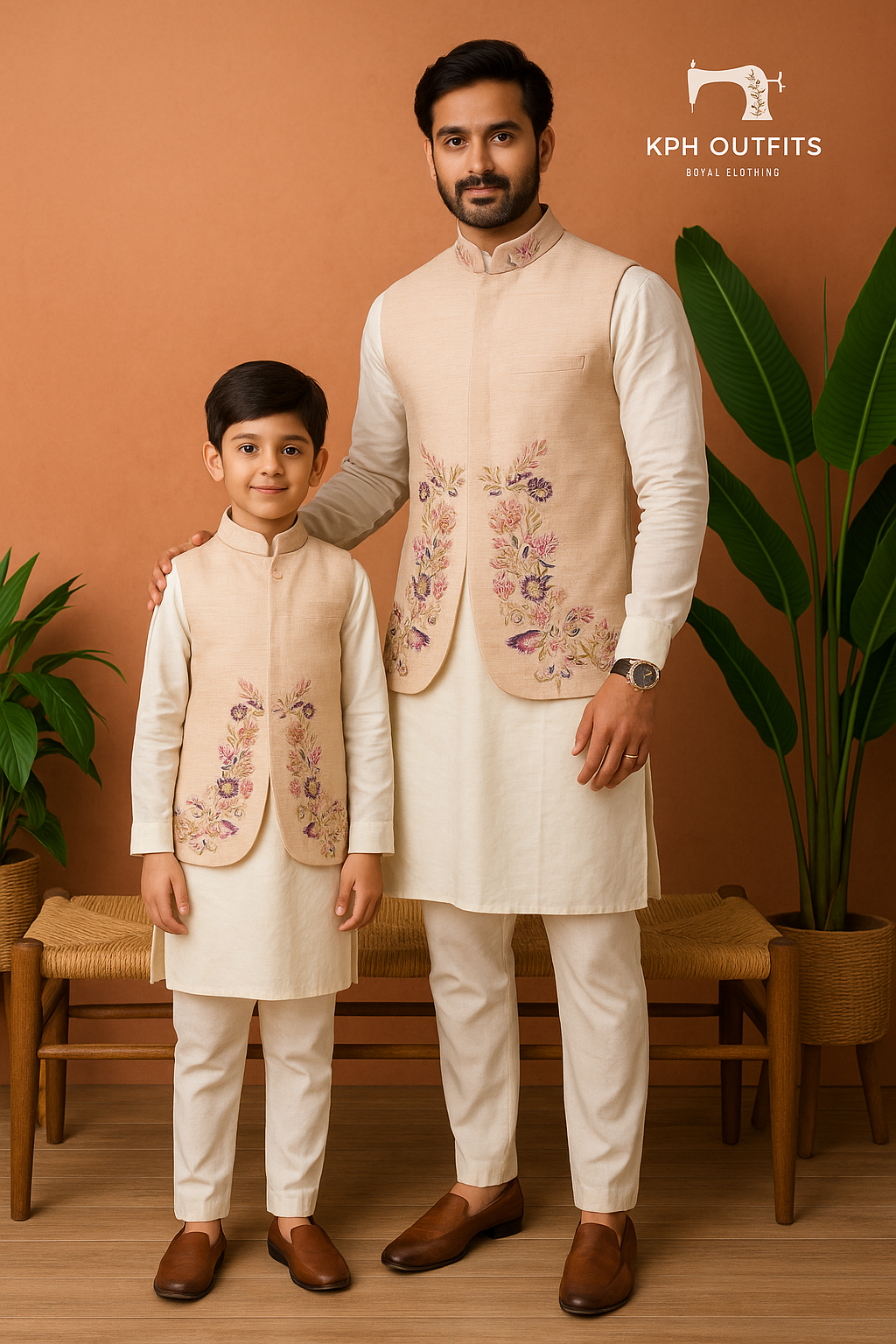 Father & Son in Matching Embellished Waistcoat Set – Premium Silk Outfit