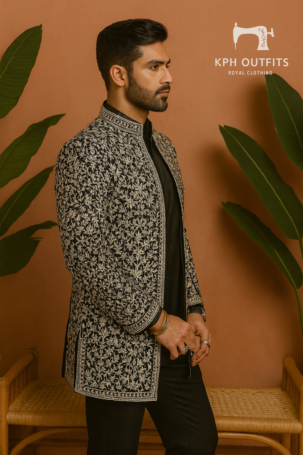 Front close-up of celebrity-inspired embroidered Jodhpuri