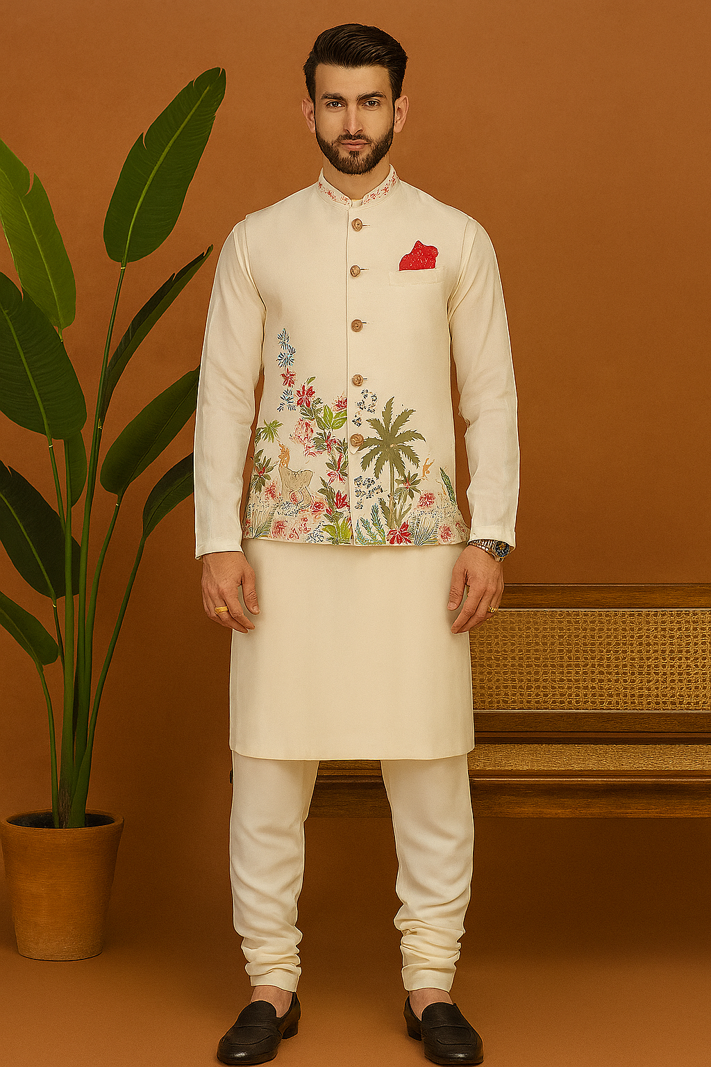 “Front profile of Ivory Silk Multi Colour Embellished Bundi Set with intricate multi-colour embroidery”