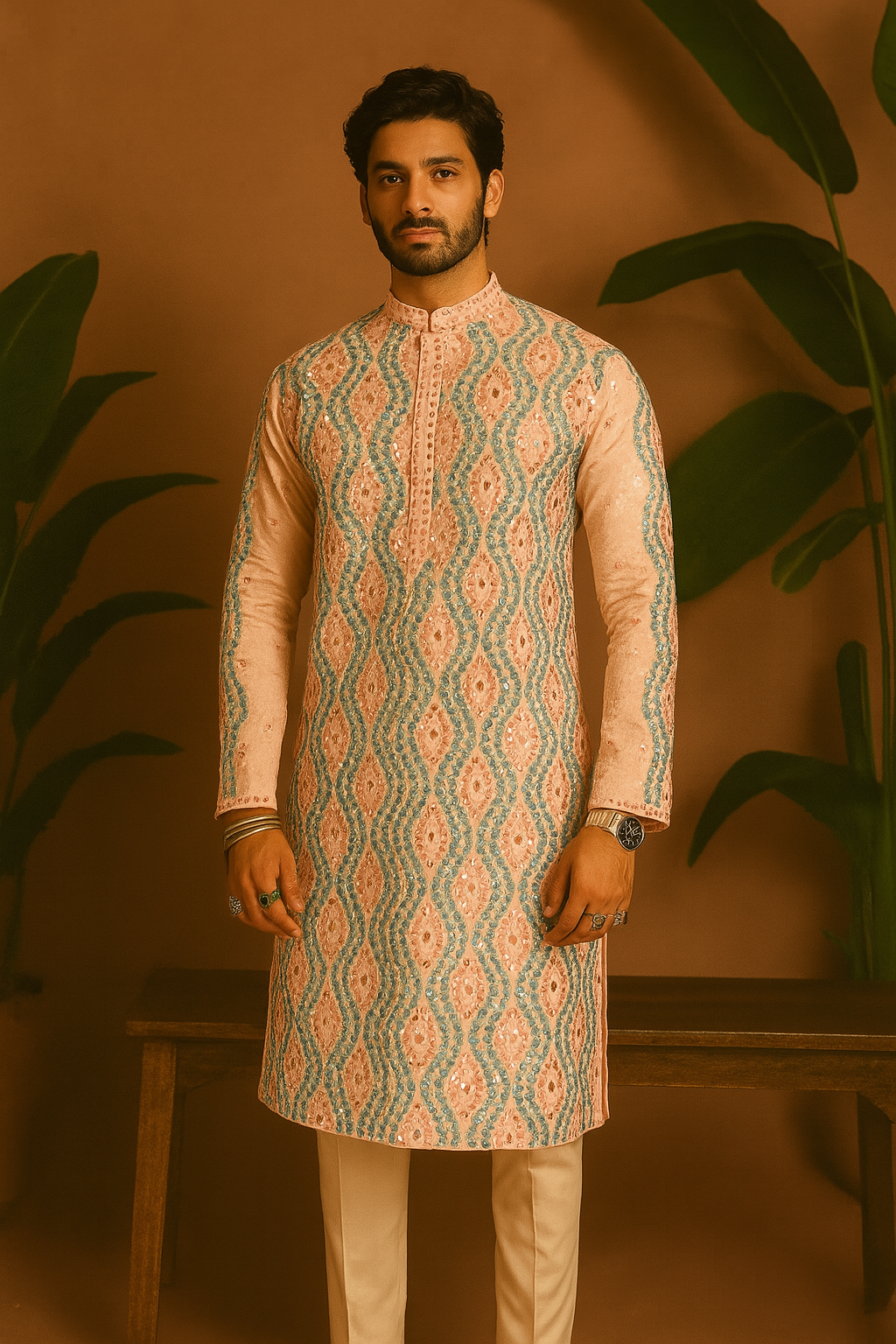Front view of Abhinav Mishra inspired real mirror embellished raw silk kurta set