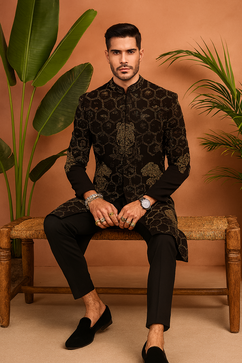 Sitting pose wearing Black Armani Japanese Sherwani