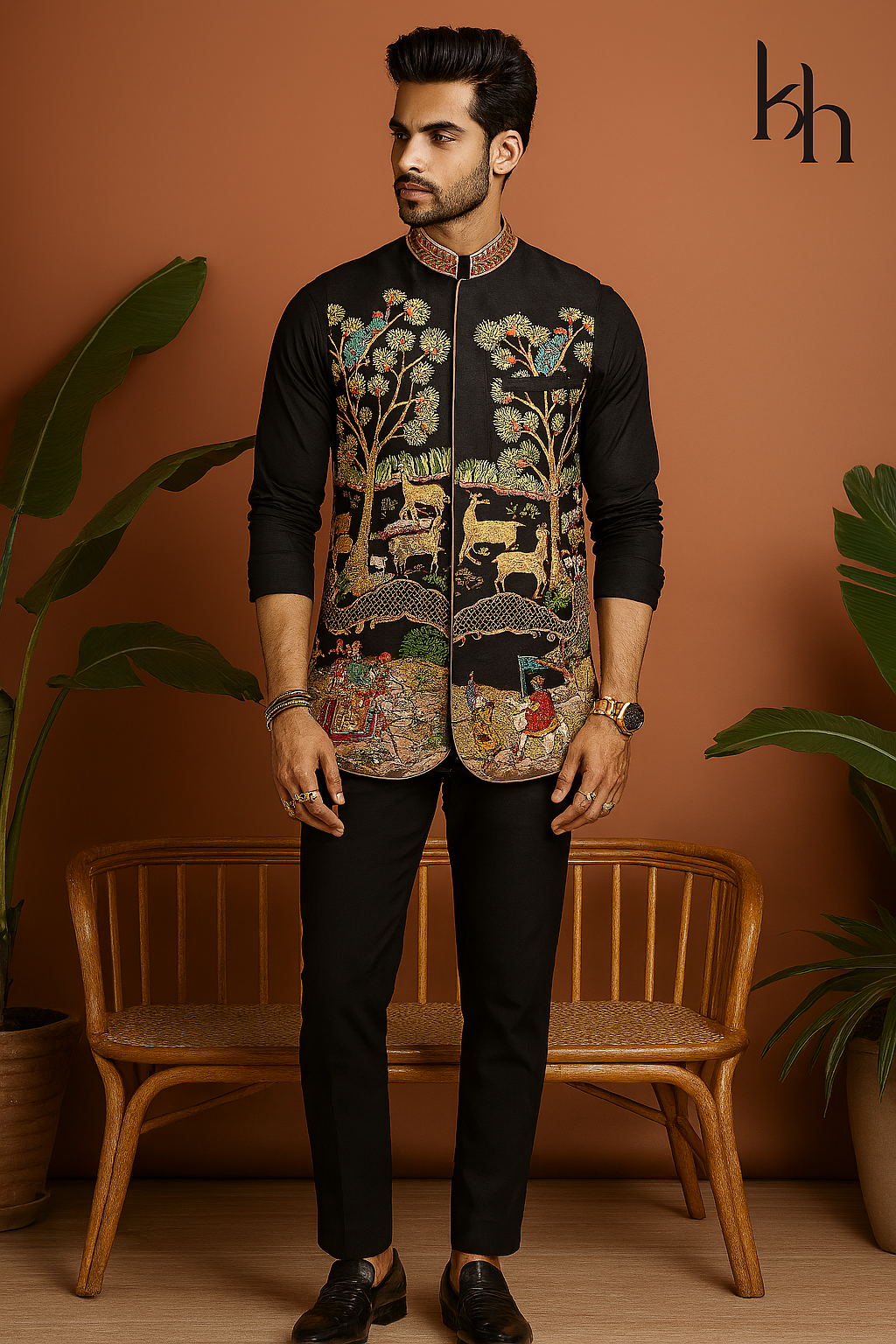 Front view of Black Multi-Colour Thread Embellished Bundi Set with kurta pant