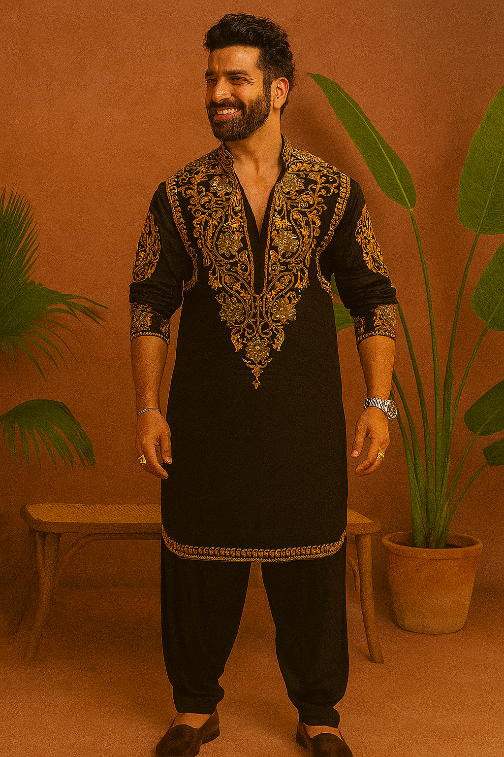 Front view of Celebrity Inspired Designer Embellished Kurta Set for men – black kurta with golden embellishments, handcrafted and 100% customized