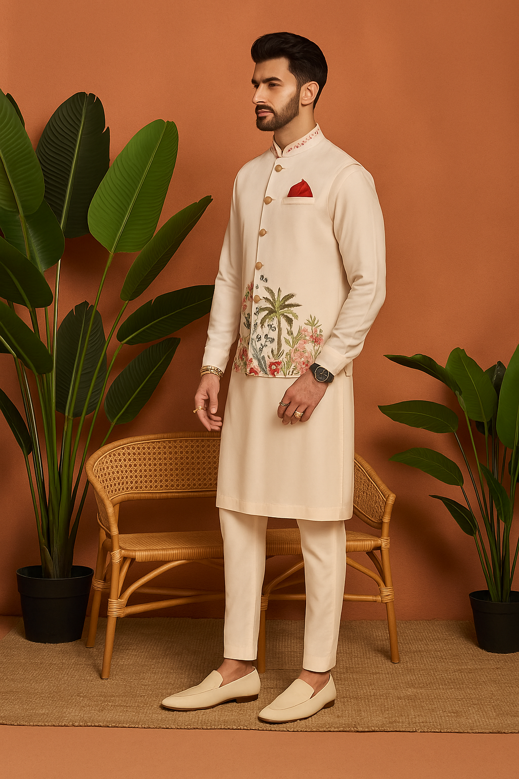 “Front view of Ivory Silk Multi Colour Embellished Bundi Set – premium silk kurta pant with ivory bundi (koti)”