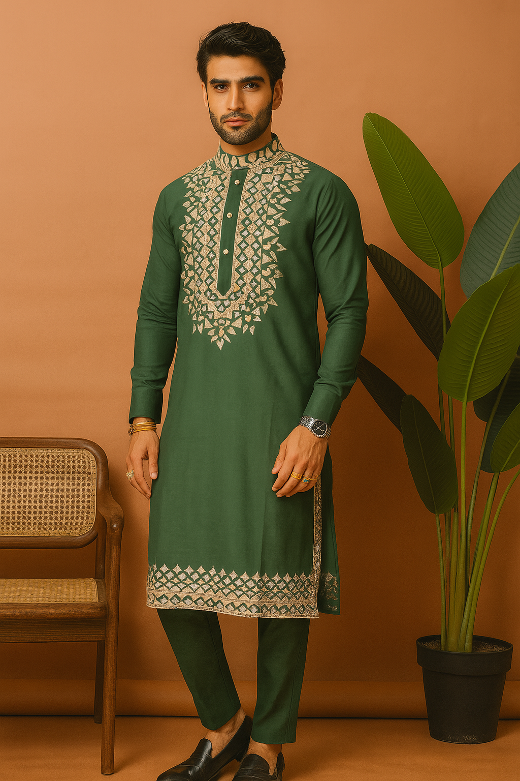 “Front view of Mehndi Ceremony Special Design Leather Embellished Kurta Set in bottle green for men”